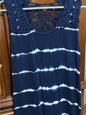 INC International Concepts Navy & White Tie-Dye Crochet Yoke Tank top